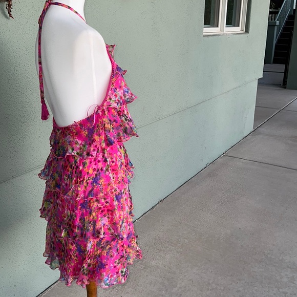 Saloni Halter Ruffles Tiered Silk Dress Barbiecore Size 6 - Picture 2 of 16